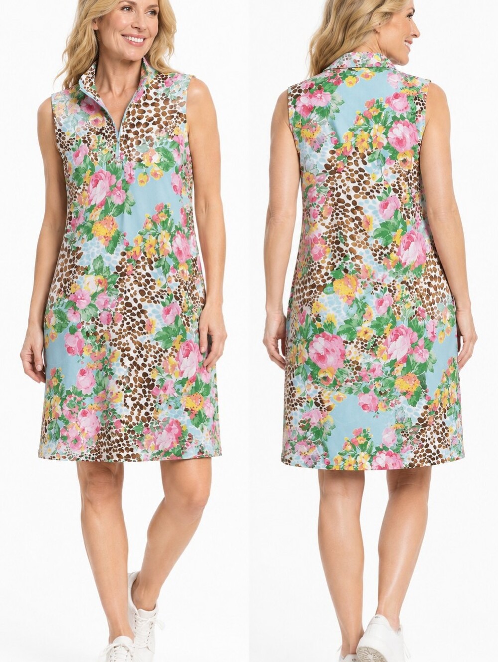 Gottex Lifestyle Dress Seafoam Jungle Rose UPF50+ Block UVA Mock Neck Sleeveles